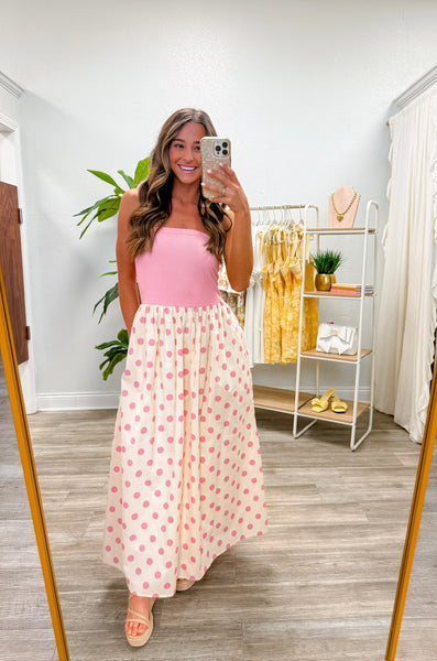 Strapless Polka Dot Tube Midi Dress