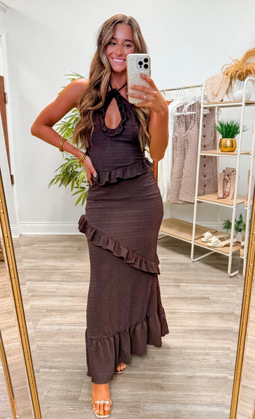 Halter Neck String Tie Crinkle Maxi Dress