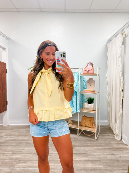 Sleeveless Tie Neck Button Up Top