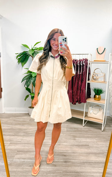 Pleated Twill Utility Mini Dress