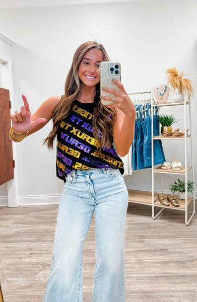 Geaux Tigers Varsity Block Sequin Tee