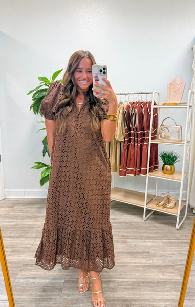 Eyelet Short Puff Sleeve Midi Dress