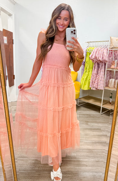 Smocked Mesh Midi Dress