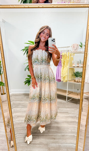 Floral Pattern Strapless Pleated Midi Dress