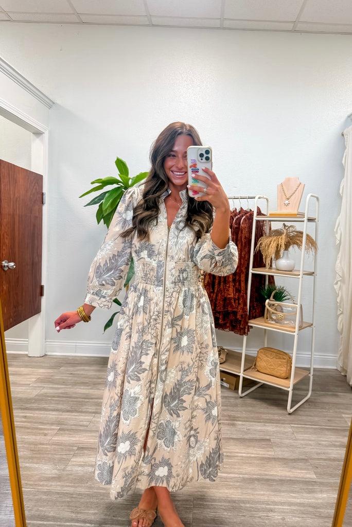 Floral 3/4 Sleeve Front Zip Midi Dress