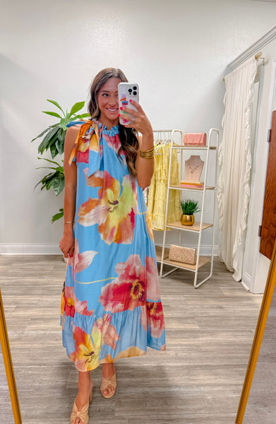 Ruffle Neck Tie Sleeveless Midi Floral Dress