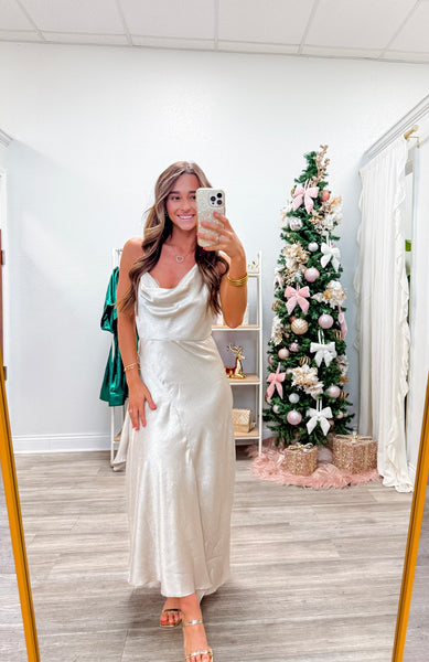 Metallic Cowl Neck Asymmetrical Dress