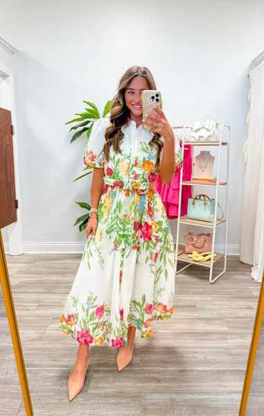 Printed Short Puff Sleeve Midi Dress