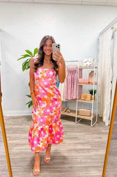 Floral Jacquard Ruffle Hem Midi Dress