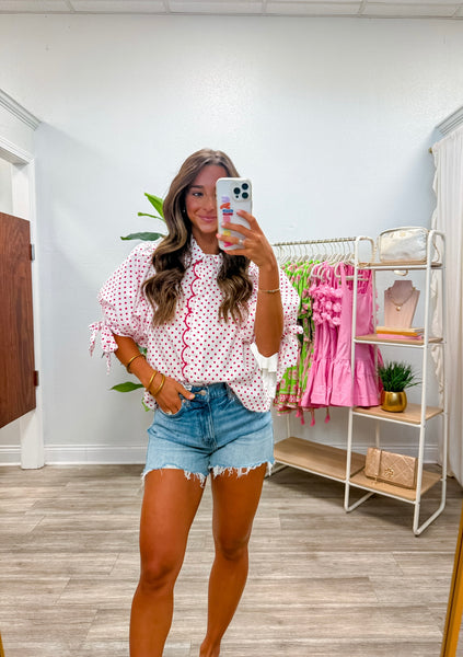 Polka Dot Short Puff Sleeve Top