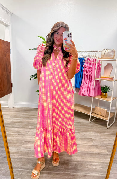 Gingham Short Puff Sleeve Midi Dress