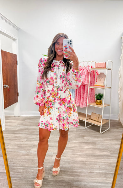 Long Sleeve Waist Smocked Mini Dress