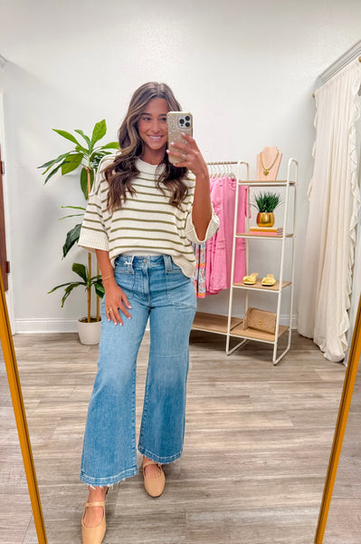 Stripe Raw Edge Short Sleeve Sweater