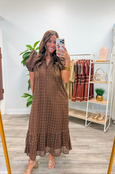 Eyelet Short Puff Sleeve Midi Dress