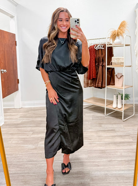Wide Round Neck Asymmetrical Midi Dress