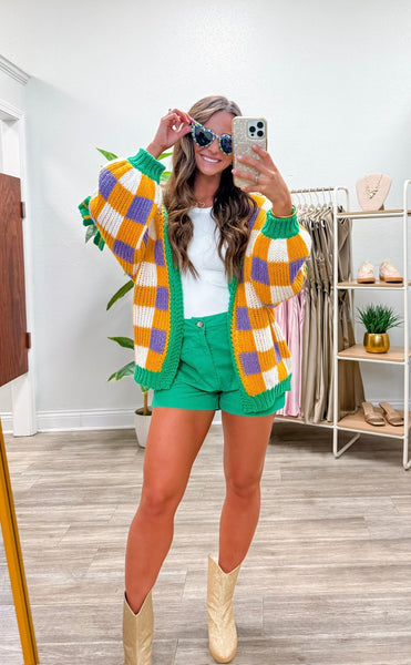 Mardi Gras Checker Front Open Cardigan