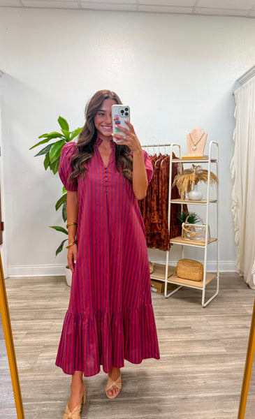 Stripe Short Puff Sleeve Midi Dress