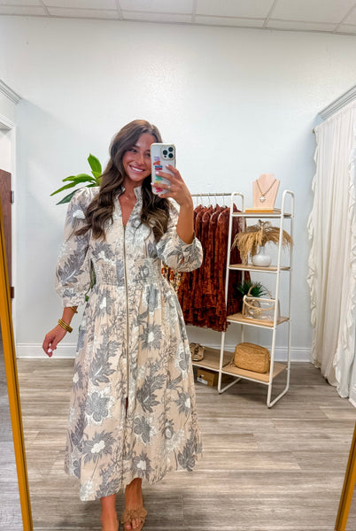 Floral 3/4 Sleeve Front Zip Midi Dress