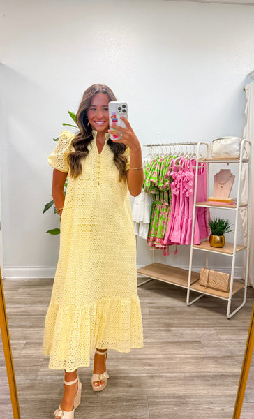 Lemon Eyelet Short Puff Sleeve Midi Dress