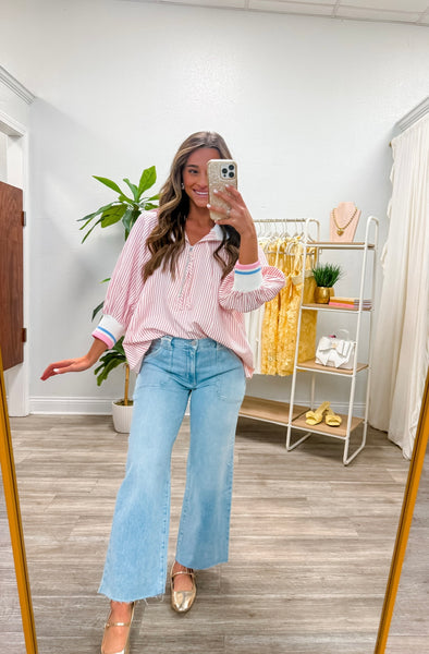 3/4 Sleeve Half Zip Striped Top