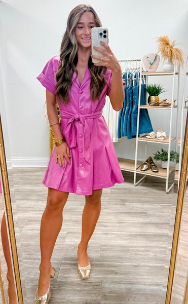 Faux Leather Button Down Dress