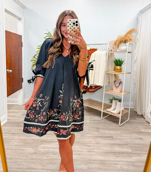 Floral Embroidery Raglan Sleeve Mini Dress