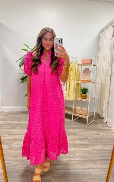 Eyelet Short Puff Sleeve Midi Dress