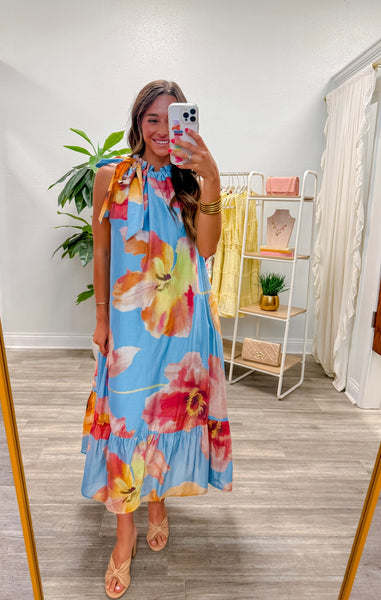 Ruffle Neck Tie Sleeveless Midi Floral Dress