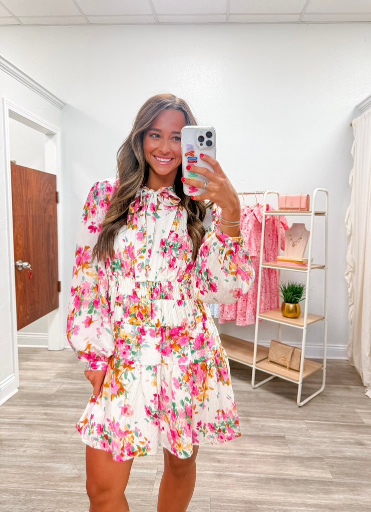 Long Sleeve Waist Smocked Mini Dress