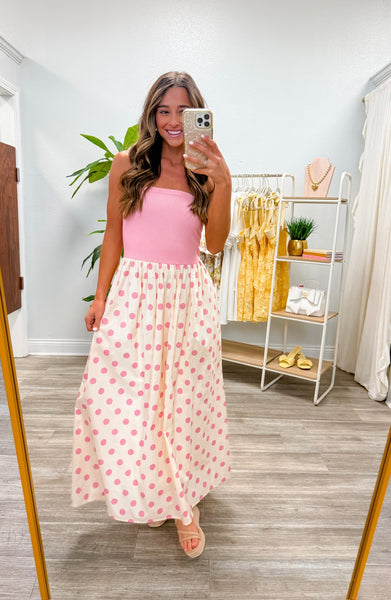 Strapless Polka Dot Tube Midi Dress
