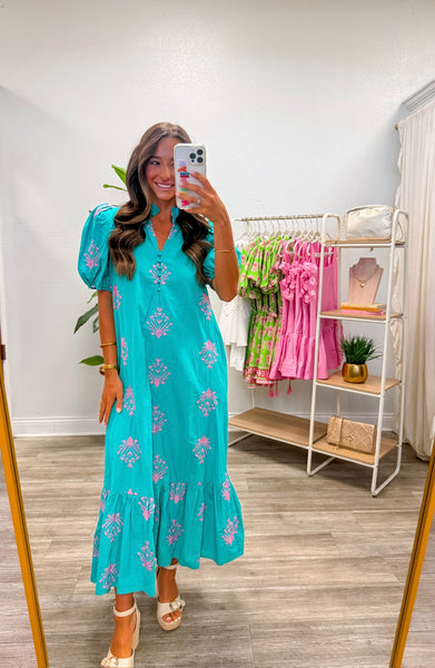 Botanical Embroidery Puff Sleeve Midi Dress