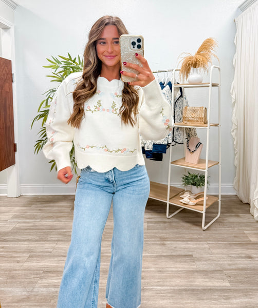 Floral Embroidered Scallop Detail Knit Top