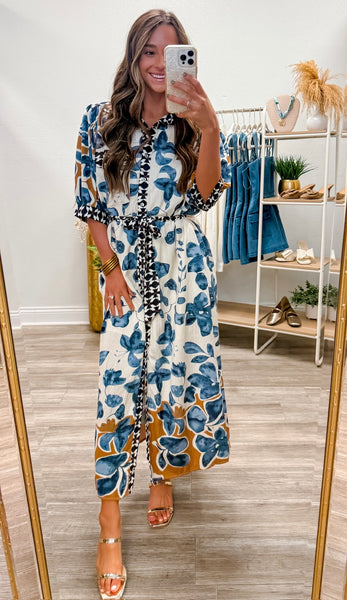 Botanical Print ¾ Sleeve Midi Shirt Dress