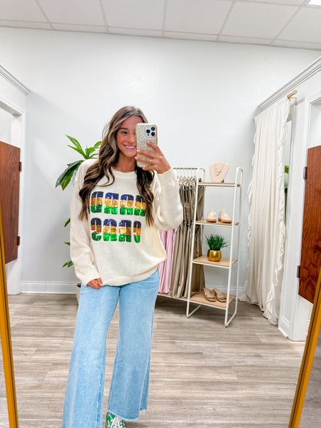 Mardi Gras Sequin Lettering Knit Top