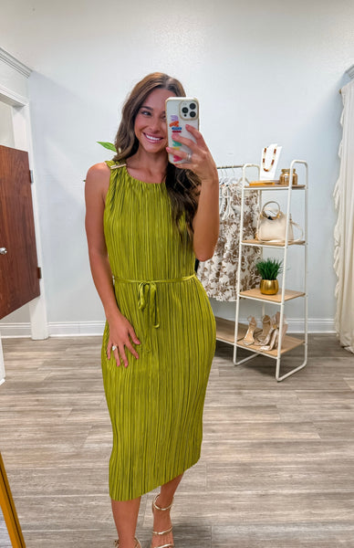 Gold Hardware Trim Plisse Midi Dress