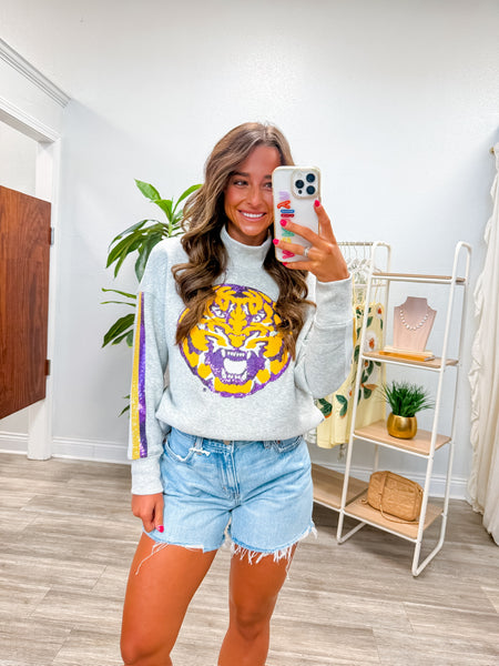 LSU Mock Neck Sequin Stripe Sweatshirt