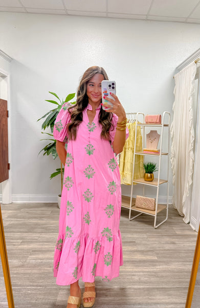 Botanical Embroidery Puff Sleeve Midi Dress