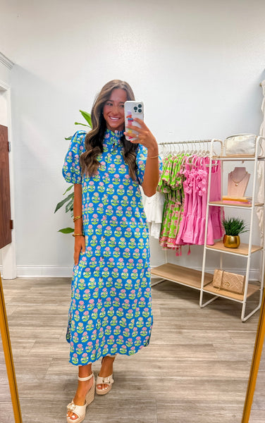 Botanical Short Puff Sleeve Midi Dress