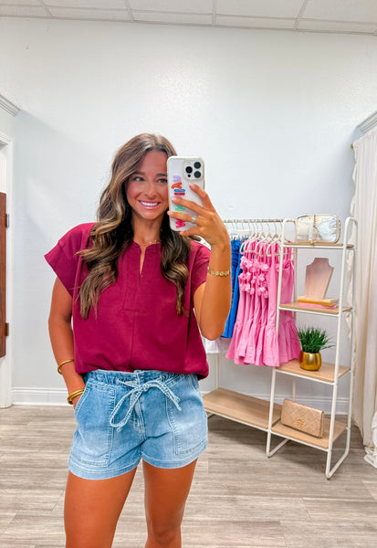 Solid Short Sleeve V-Neck Top