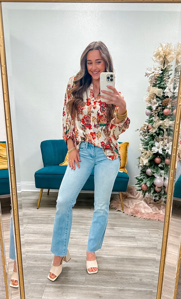 Floral Print 3/4 Dolman Sleeves Top