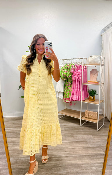 Lemon Eyelet Short Puff Sleeve Midi Dress