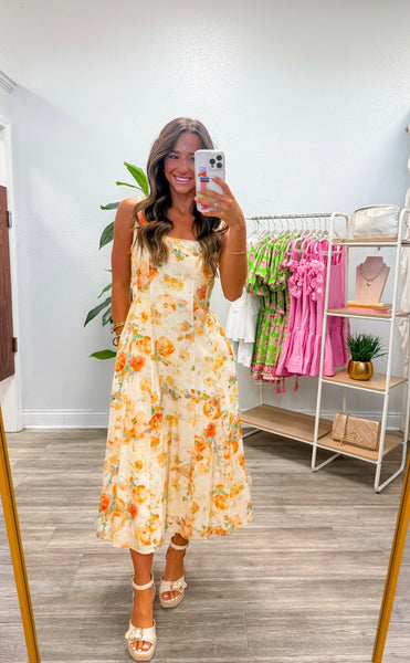 Floral Square Neck A-Line Midi Dress