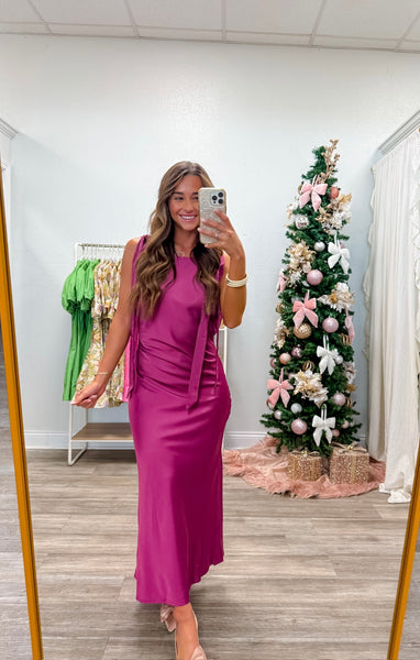 Solid Satin Cowl Back Sleeveless Bow Midi Dress