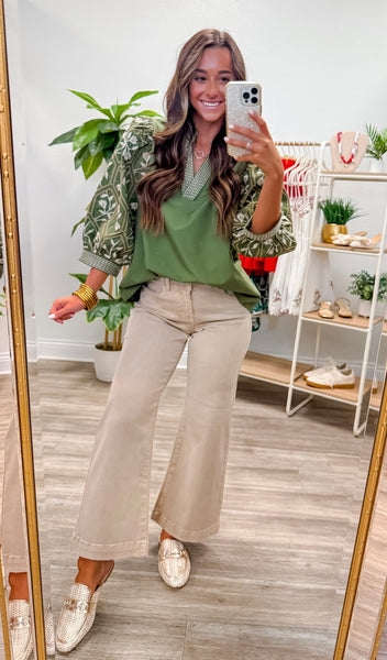 Floral Pattern Embroidered ¾ Sleeve Top