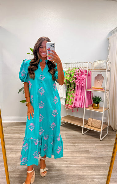 Botanical Embroidery Puff Sleeve Midi Dress