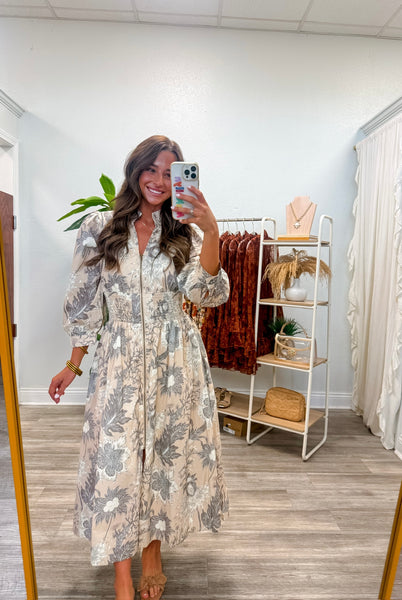 Floral 3/4 Sleeve Front Zip Midi Dress