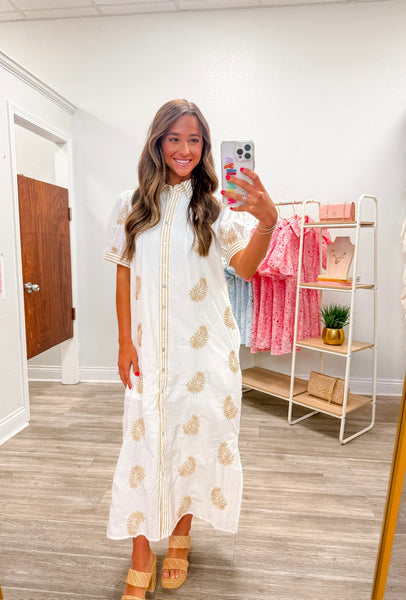 Embroidered Puff Sleeve Midi Dress