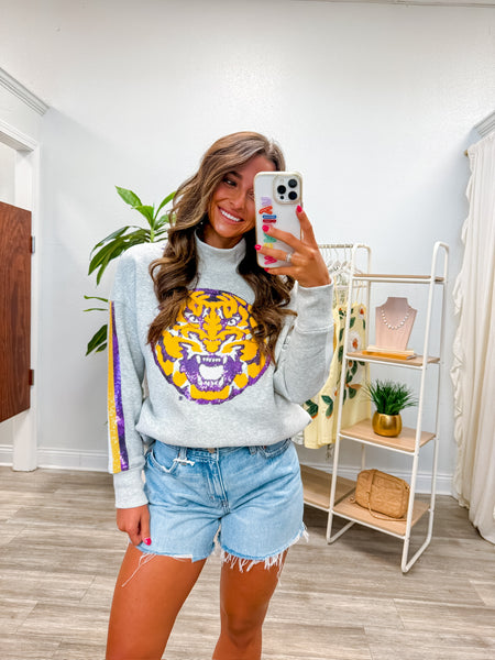 LSU Mock Neck Sequin Stripe Sweatshirt