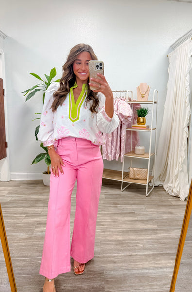 Floral Embroidered 3/4 Puff Sleeve Top