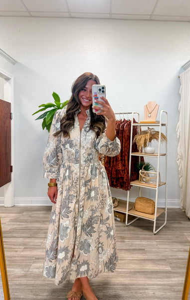 Floral 3/4 Sleeve Front Zip Midi Dress
